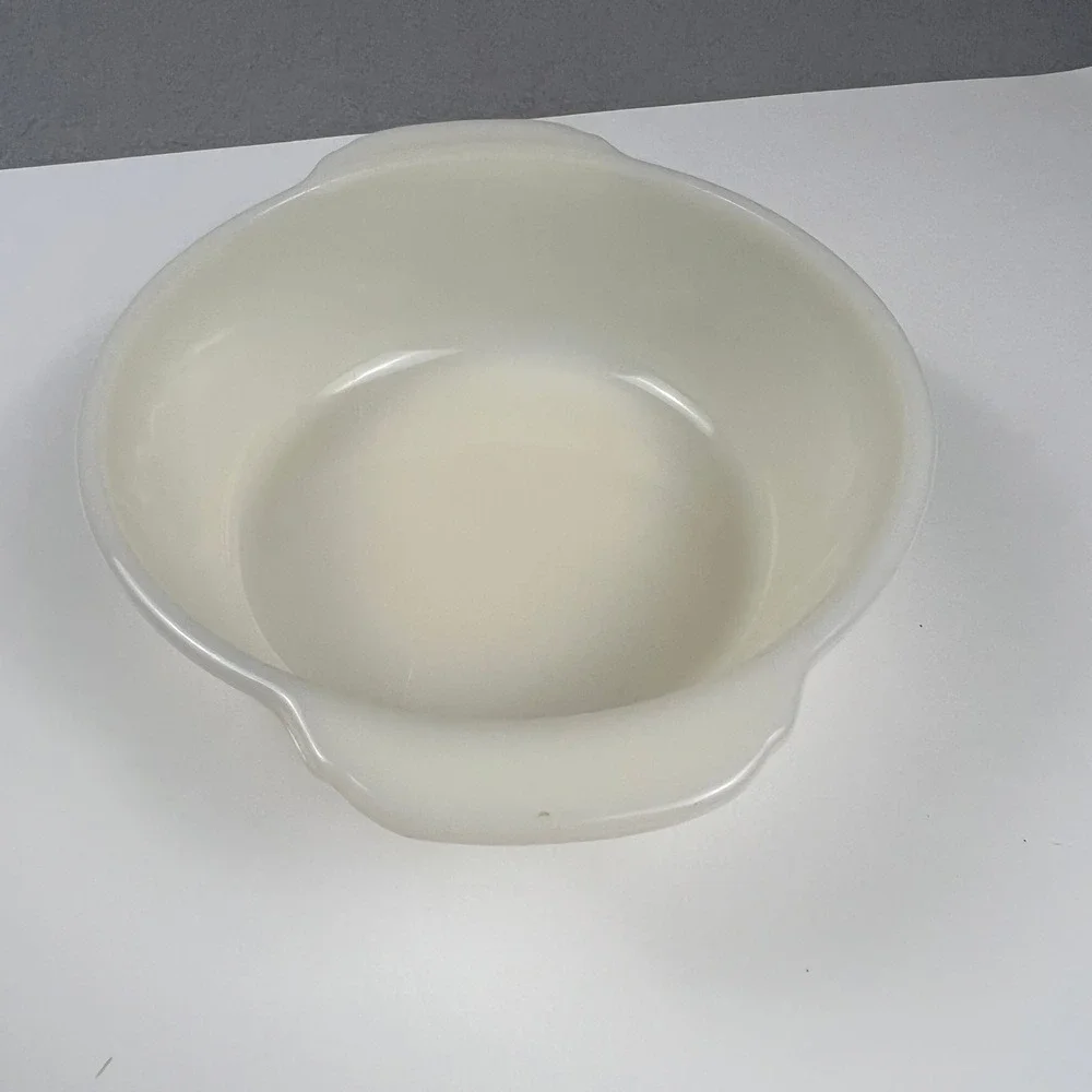 Vintage Milk Glass Casserole Dish 7.25in White Round Handled Ovenware MCM